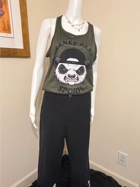 Jane Ashley Vintage Black Cotton Pants Embroidered Panda L Y2K Grannycore